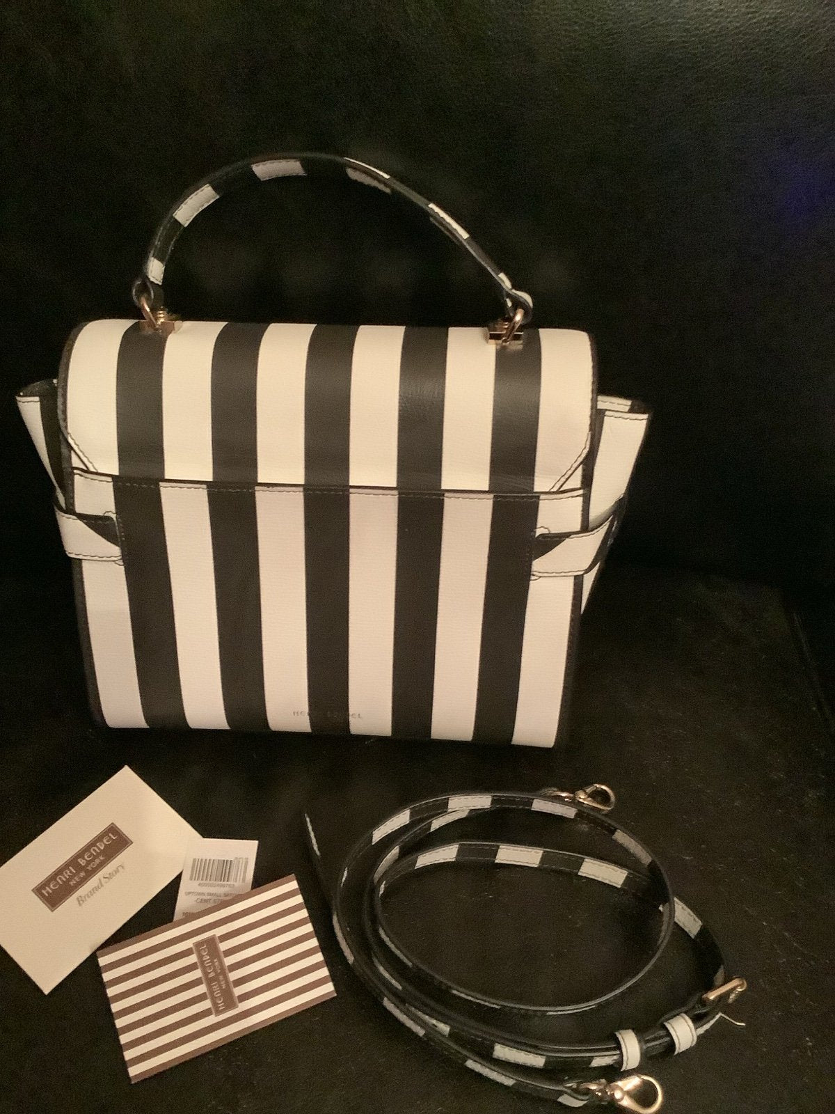 Henri Bendel Uptown Satchel Crossbody Bag – Brown & White Stripe – New with Dust Bag, No Tag