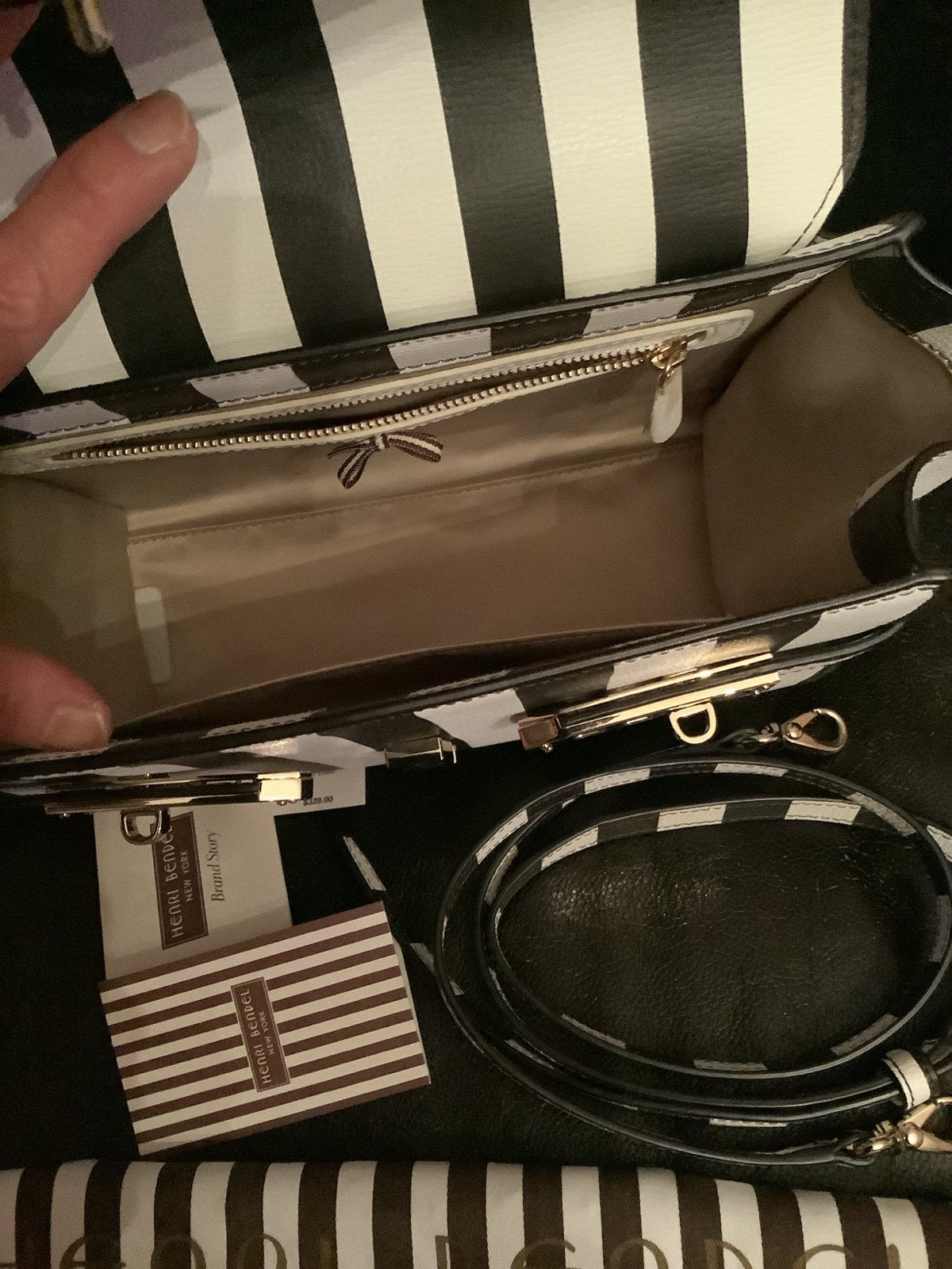 Henri Bendel Uptown Satchel Crossbody Bag – Brown & White Stripe – New with Dust Bag, No Tag