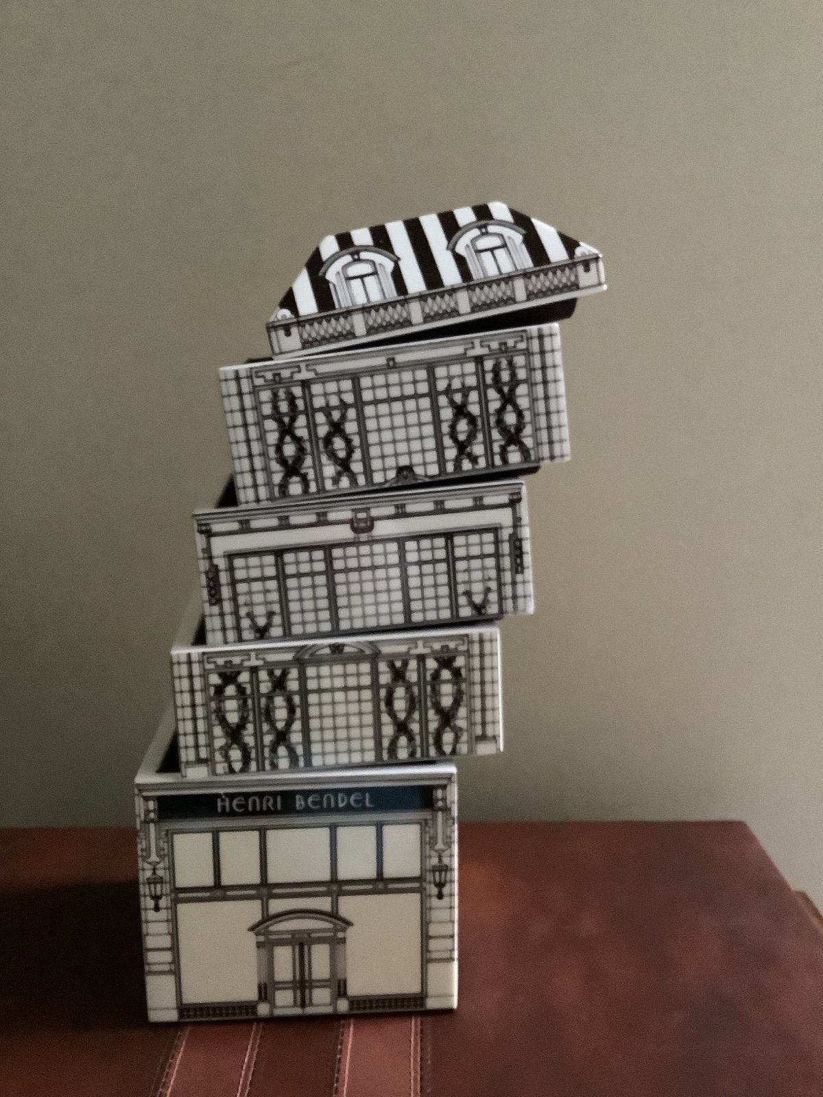 Henri Bendel Stackable Landmark Building Jewelry Box – Brown Suede Interior – Unique Storage Piece