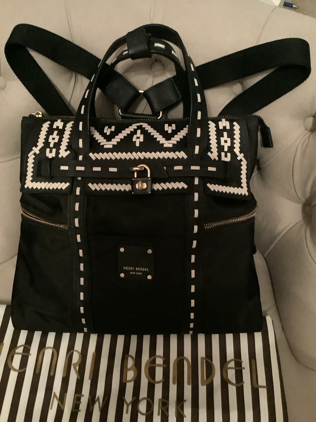 Henri Bendel Large Jetsetter Backpack – 3-Way Convertible – White Leather Stitch Design – Includes Straps & Dust Bag