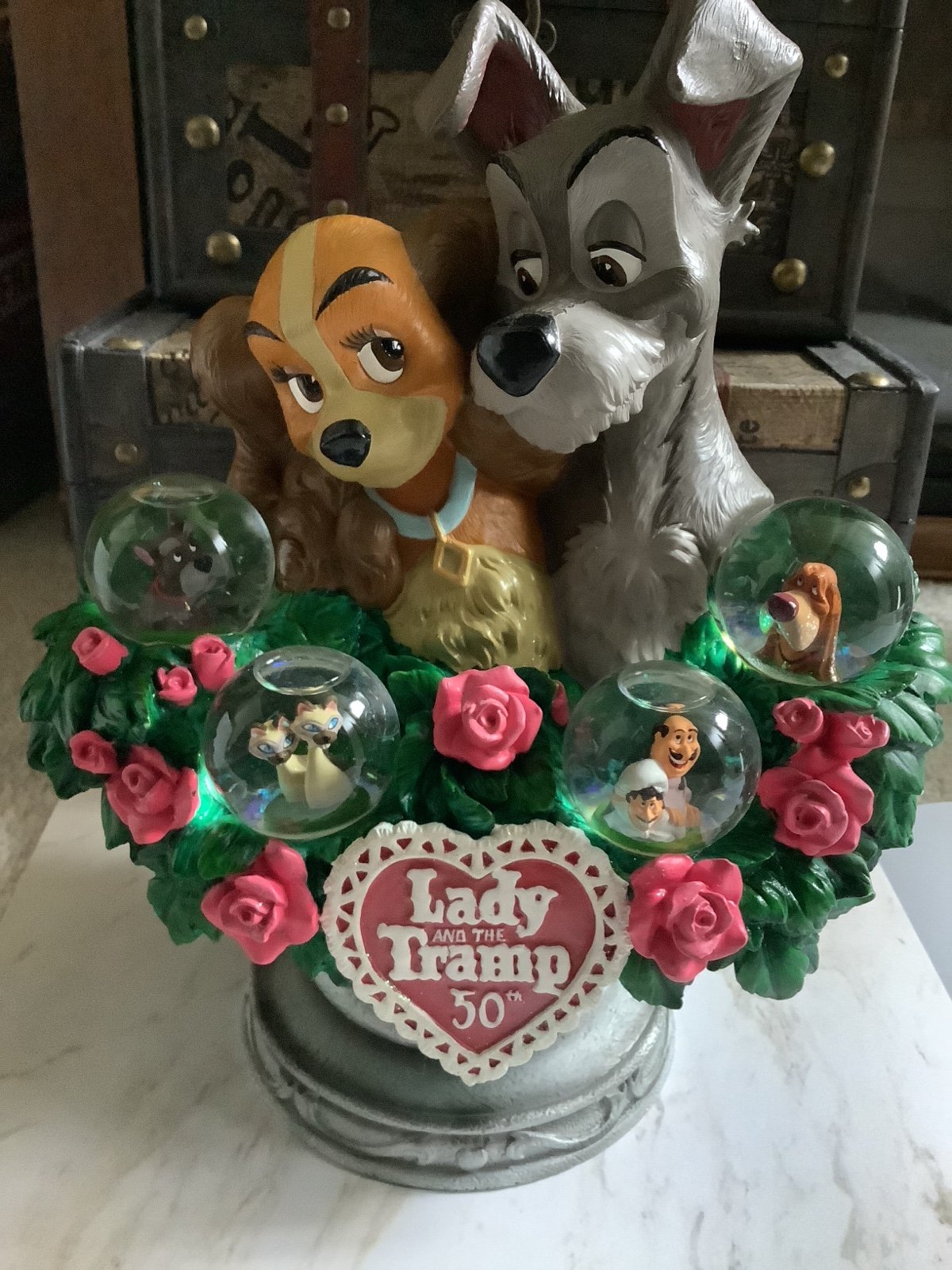 Disney Auctions Lady and The Tramp Snow Globe Figurine – Limited Edition 350 – Plays "This is the Night" – 50th Anniversary
