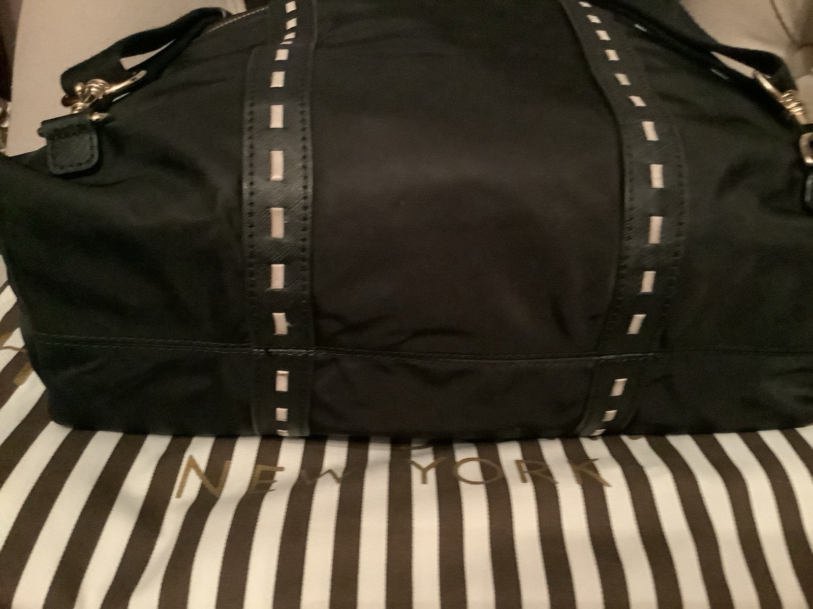 Henri Bendel Large Jetsetter Backpack – 3-Way Convertible – White Leather Stitch Design – Includes Straps & Dust Bag