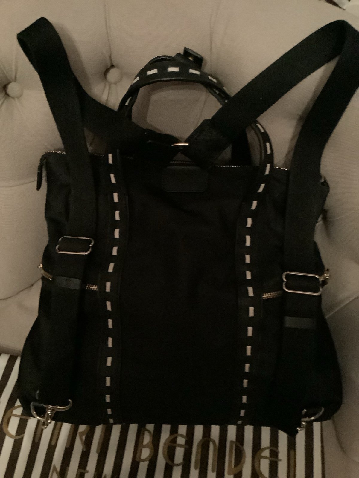 Henri Bendel Large Jetsetter Backpack – 3-Way Convertible – White Leather Stitch Design – Includes Straps & Dust Bag