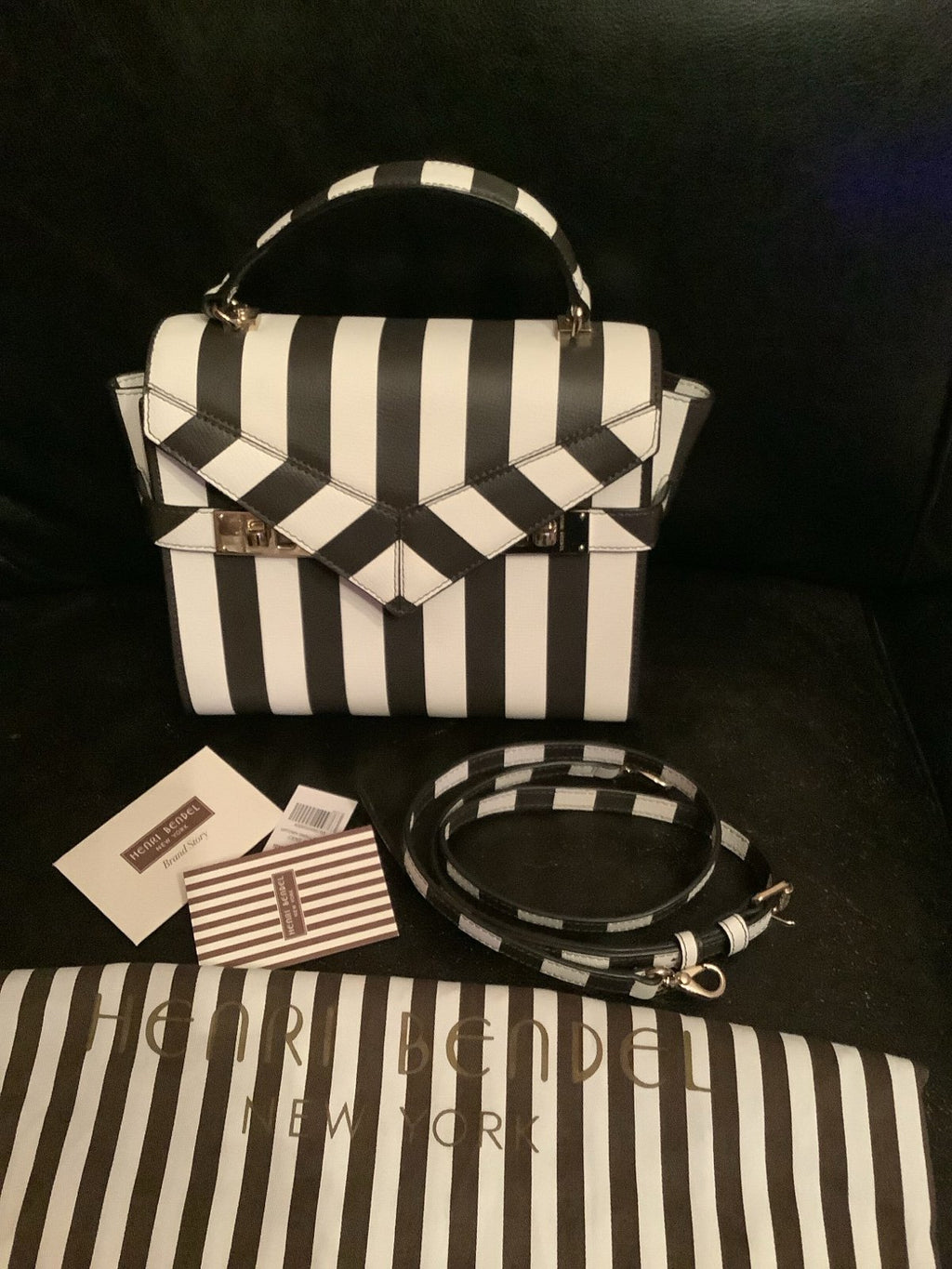 Henri Bendel Uptown Satchel Crossbody Bag – Brown & White Stripe – New with Dust Bag, No Tag